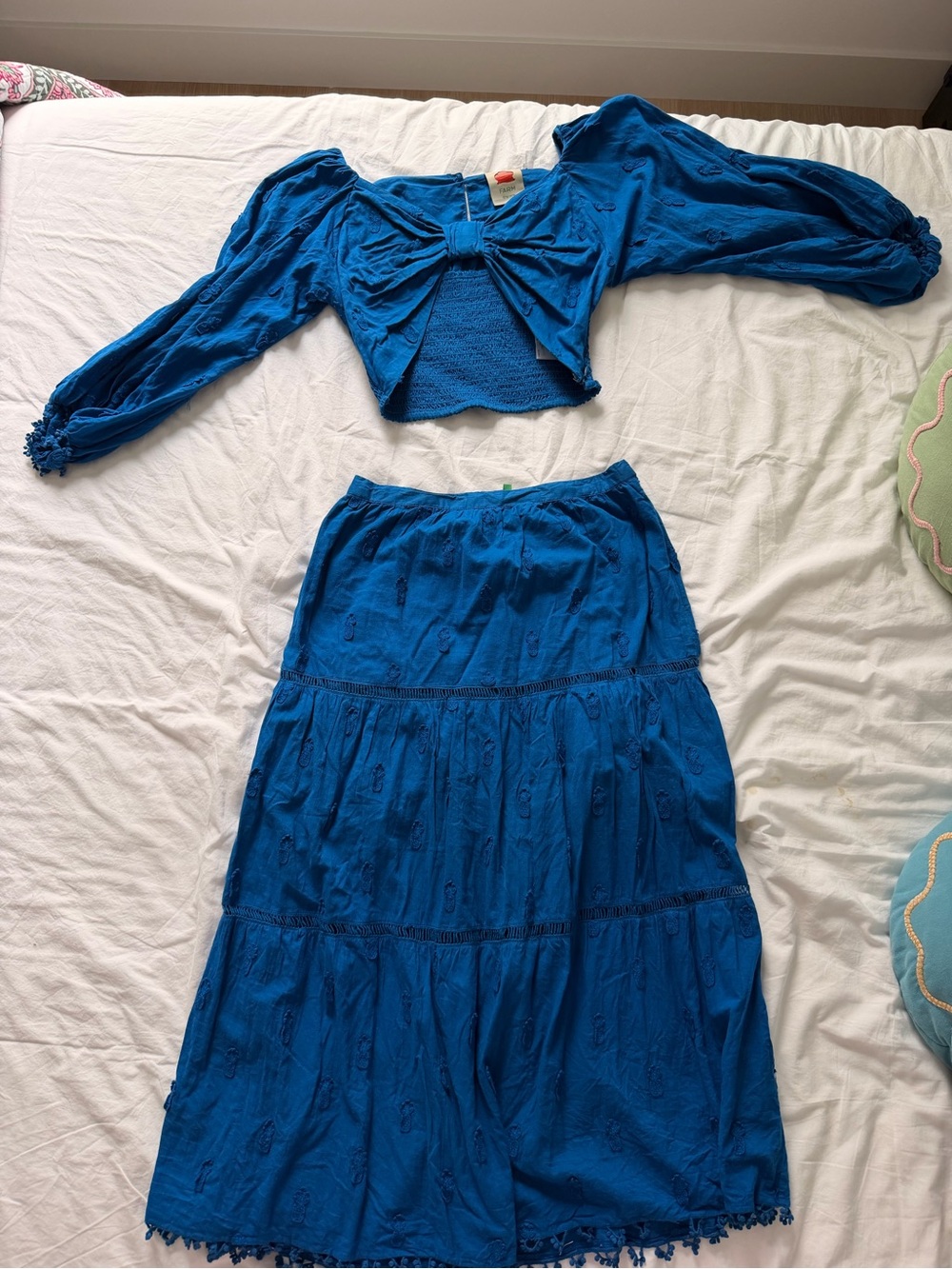 FARM Rio Bright Blue Tiered Eyelet Midi Skirt